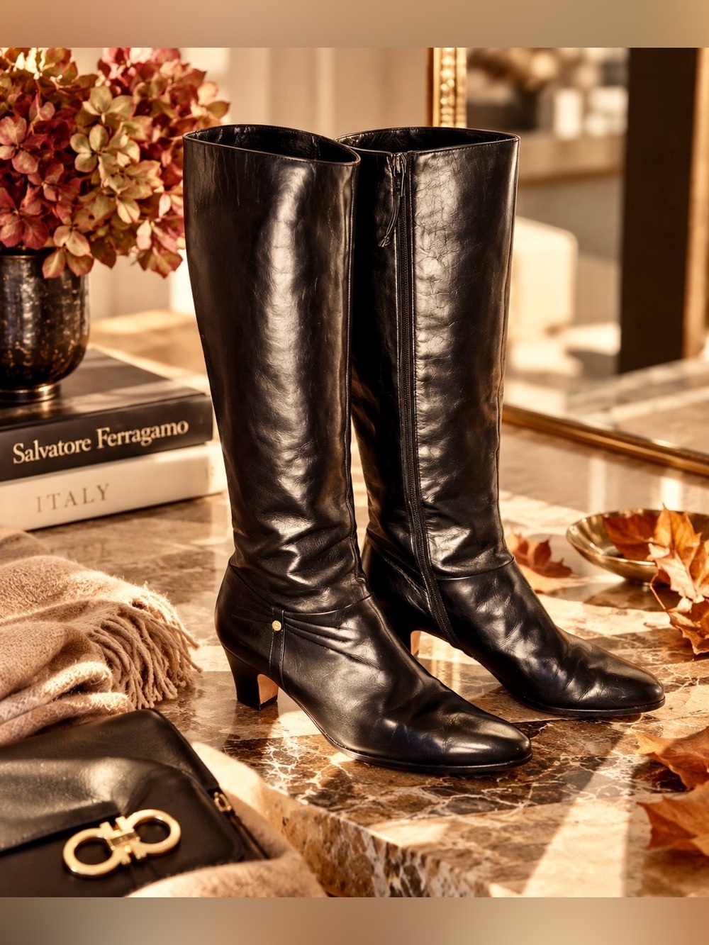 Salvatore Ferragamo Black Leather Knee High Boots Size 9 Block Heel Italy Vntg